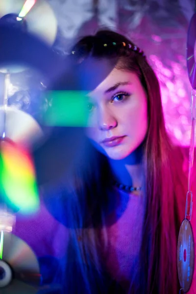 Cinematic Night Portrait Girl Neon Lights Fashion Woman Colorful Neon — Stock Photo, Image