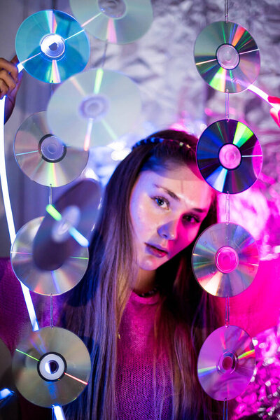 Cinematic night portrait of girl and neon lights. Fashion. Woman in Colorful neon light. girl in disco, makeup dance. Party disco neon nightclub vibes. creative art neon pink blue light.