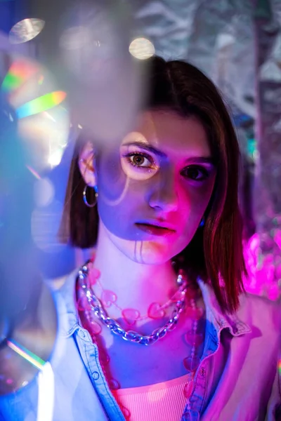 Cinematic Night Portrait Girl Neon Lights Fashion Woman Colorful Neon — Stock Photo, Image