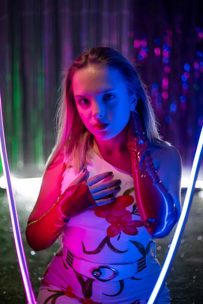 Cinematic Night Portrait Girl Neon Lights Fashion Woman Colorful Neon — Stock Photo, Image