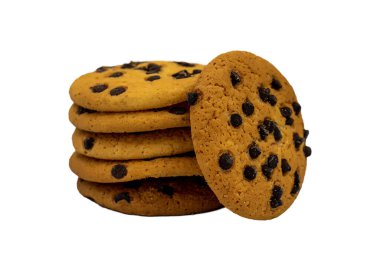 Beyaz arka planda izole edilmiş çikolatalı kurabiyelerin aşırı yakın plan görüntüsü