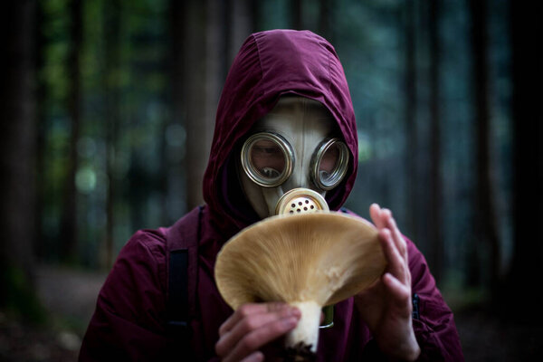 Ecological catastrophy. Post apocalyptic survivor in gas mask. Man at forest with mushrooms.