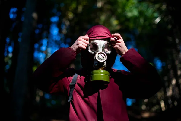 生态多样性 戴防毒面具的末日后幸存者森林里的人 — 图库照片
