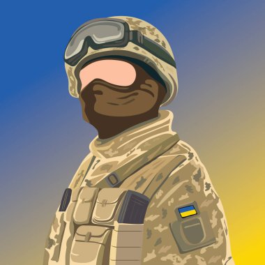 Ukrayna bayrağı ve asker zaferi. 6 Aralık Ukrayna ordusu günü, özel kuvvetler askeri. Asker kıyafeti giymiş genç bir adam. Vektör çizimi. 