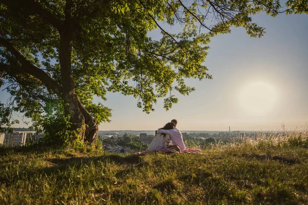 若いカップルの旅行者は山の上の日の出を見ている ウクライナのフィールドで木の下に婚活 — ストック写真