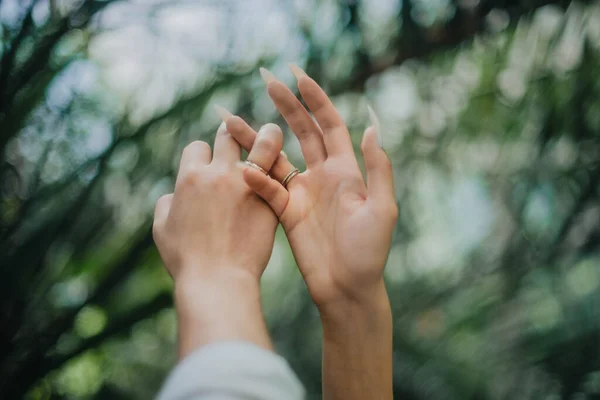 Eller Yukarı Gelin Damat Hayatlarında Birlikte Dururlar Birlikte Giderler Düğün — Stok fotoğraf