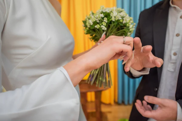 Fiance Black Suit Holds Hands Bride White Dress Wedding Small — Foto Stock