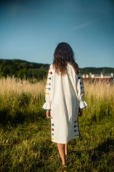 Όμορφη Κοπέλα Ντυμένη Στα Ουκρανικά Εθνικά Ρούχα Στέκεται Στη Μέση — Φωτογραφία Αρχείου
