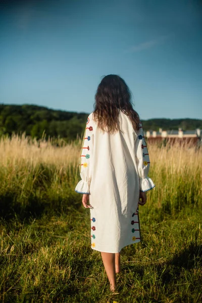 Mooi Meisje Gekleed Oekraïense Nationale Kleding Staat Het Midden Van — Stockfoto