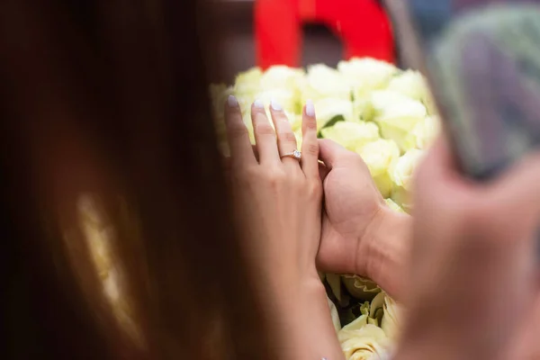 Bride Groom Holding Hands Background Bouquet Flowers — Fotografia de Stock