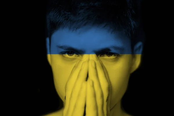 Young Man Prays Ukraine Portrait Black Background — 图库照片
