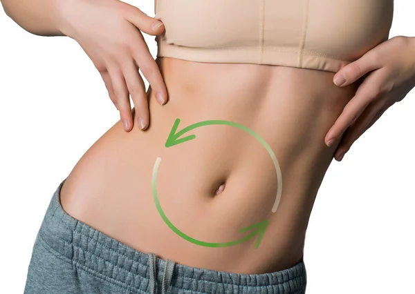 Woman Body Perfect Shape Green Arrows Closed Circle Healthy Food — Stock Photo, Image