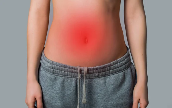 Woman Stomach Redness Gray Background Stomach Problems Concept — 스톡 사진