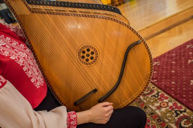 playing the bandura. A girl in a folk Ukrainian dress, Vyshyvanka, plays the bandura