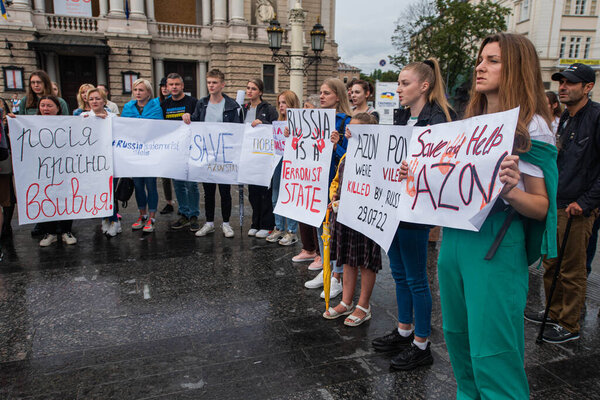 Lviv. Ukraine. 31. 07. 2022. Ukrainians ask to release defenders from Azovstal. War in Ukraine. Stay with Ukraine. inscription - Russia is a murderer and a terrorist.