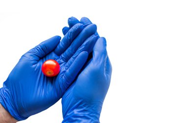 red tomato in blue gloves on a white background