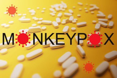 Set of white pills on a yellow background. Monkeypox text illustration