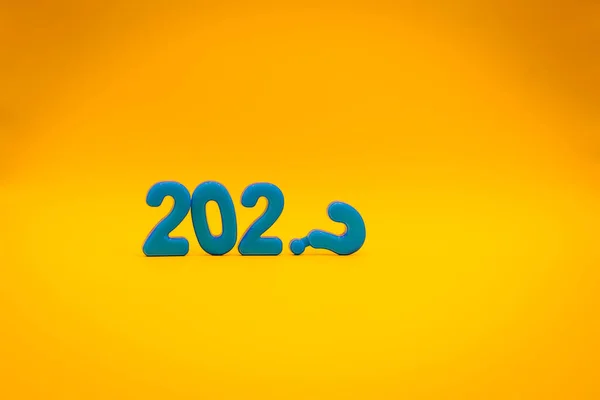 Blue 2020 Letters Question Sign Yellow Background Decade Concept — Stok fotoğraf