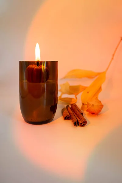 Soy Wax Candle in Amber Glass with pumpkins on pink gradient background. Autumn mood.