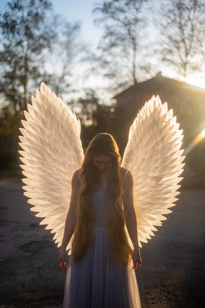 Молодая Нежная Ангелочка Стоит Перед Осенним Солнцем Белые Крылья Сияют — стоковое фото