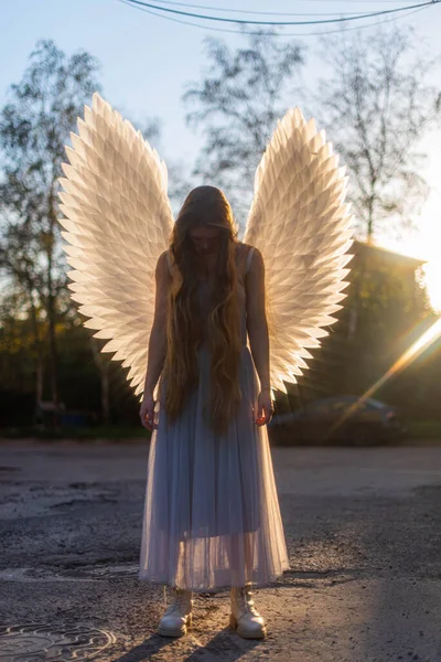 Молодая Нежная Ангелочка Стоит Перед Осенним Солнцем Белые Крылья Сияют — стоковое фото