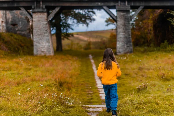 太陽の光の中で幸せな女の子 黄色と青の愛国心の服を着た少女が秋の道を歩く — ストック写真