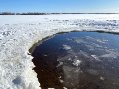 Gölde buzlar çözüldü. Arkaplan dokusu. Nehir kenarında donmuş buz ve kar.