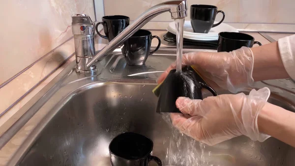 Washing Black Cup Kitchen Sink Close Faucet Female Hand Gloves — Stock Photo, Image