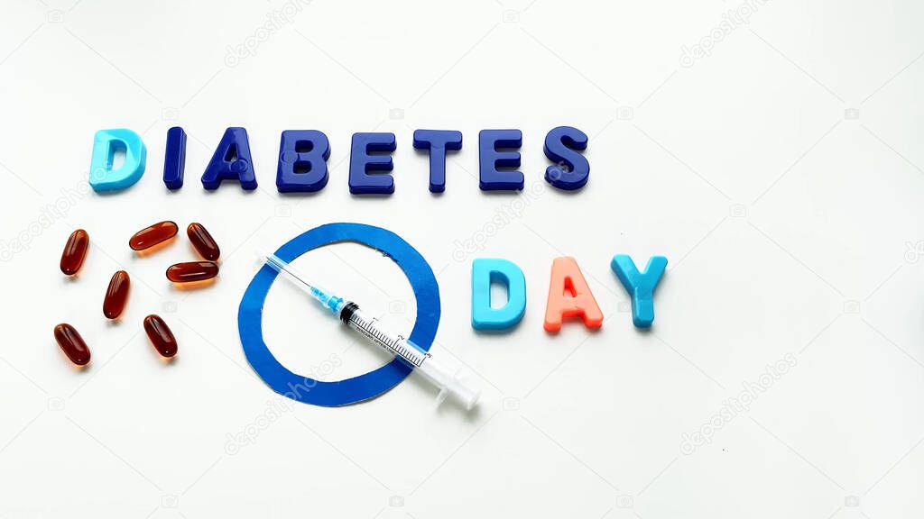 Lettering Diabetes Day. Blue circle, drugs and syringe.