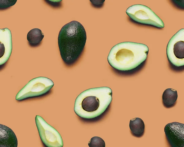 Avokado Sömlöst Mönster Platt Låg Hela Och Halva Avokado Avacado — Stockfoto