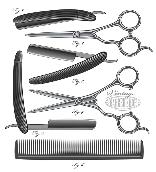 Peine, Tijeras y Navaja de afeitar en estilo vintage grabado — Archivo Imágenes Vectoriales