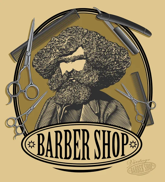 Tablero de letrero de peluquería vintage con barbudo, tijeras, navaja y peine en estilo grabado Ilustraciones De Stock Sin Royalties Gratis