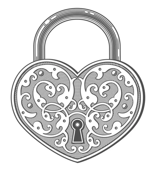 Heart shaped padlock in vintage engraved style — Stock Vector