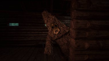 Bir canavarla terk edilmiş korkunç köy evi. Cadılar Bayramı temalı fotoğraf