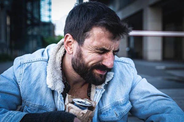 Young Sick Depressed Homeless Man Sitting Stairs Walkway Building Street — Stock Photo, Image