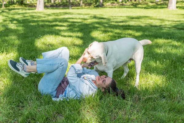 Jovem Bela Mulher Feliz Jogando Parque Com Seu Cão Estimação — Fotografia de Stock