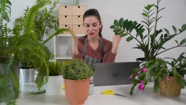 Joven Feliz Mujer Segura Trabajar Como Florista Venta Plantas Caseras — Vídeo de stock