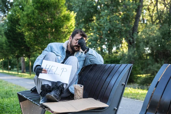 Young Despair Ill Homeless Man Feeling Abandoned Sad Sitting Outdoors — Stock Photo, Image