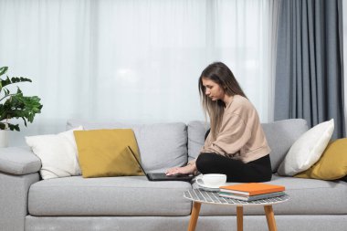 Genç kadın serbest yazılım ve web geliştirici programcı evden dizüstü bilgisayarla çalışıyor. Kadın iş adamı internet üzerinden ödeme yapan ve rezervasyon yapan müşteriler için yeni bilgisayar ve cep telefonu uygulaması geliştiriyor.