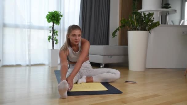 Happy Attractive Young Business Woman Active Sport Wear Sitting Stretching — ストック動画