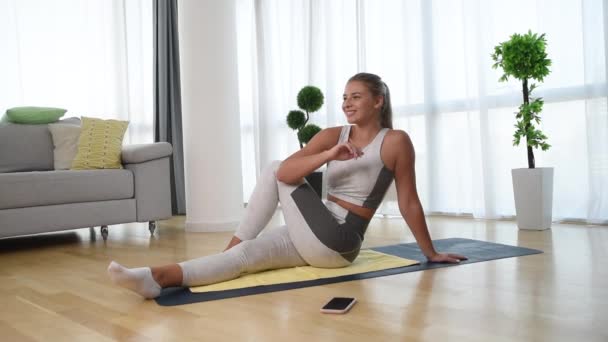 Happy Attractive Young Business Woman Active Sport Wear Sitting Stretching — Stock video