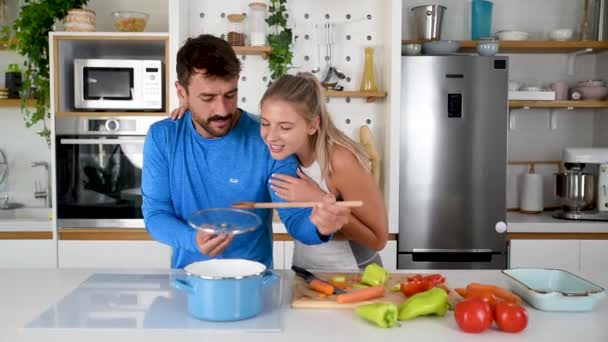 Young Sporty Man Woman Couple Cutting Together Cooking Fresh Natural — 图库视频影像