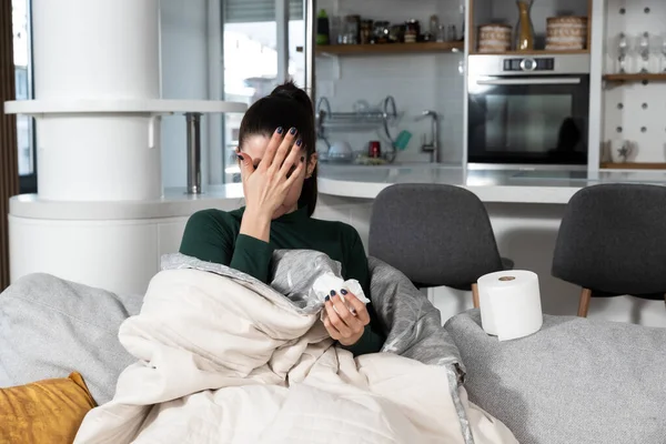 Young Sick Stressed Woman Lying Home Covered Blanket Blowing Her — Foto Stock