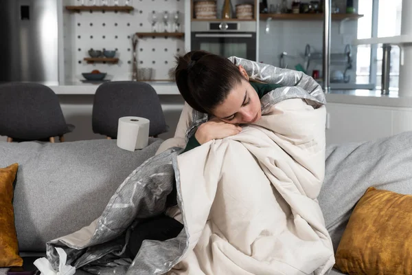 Young Sick Stressed Woman Lying Home Covered Blanket Blowing Her — Foto Stock