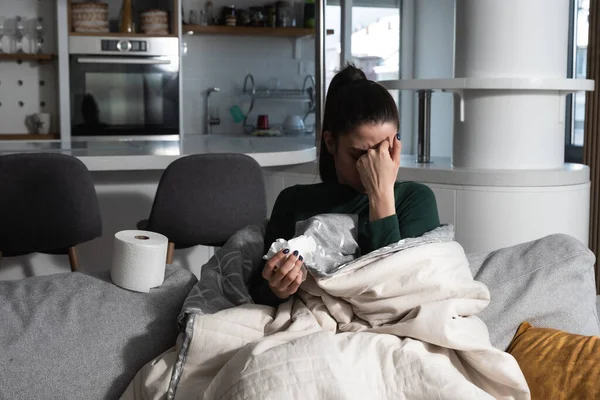 Young Sick Stressed Woman Lying Home Covered Blanket Blowing Her — Foto de Stock
