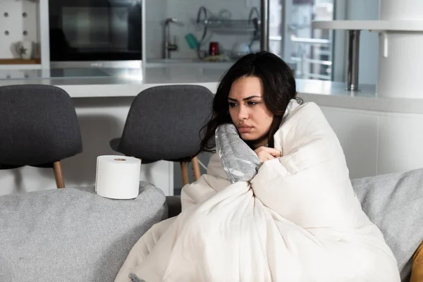 Young Sick Stressed Woman Lying Home Covered Blanket Blowing Her — Foto Stock