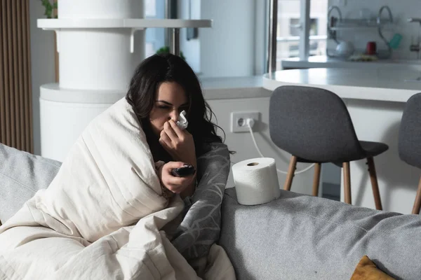 Young Sick Stressed Woman Lying Home Covered Blanket Blowing Her — Foto Stock