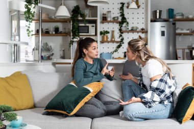 Genç lezbiyen çift LGBTQ + ev arkadaşları aldatma ve aldatma nedeniyle tartışıyorlar. Kıskançlık yüzünden ilişki yaşayan iki kız. Evlilik sorunları kavramı.