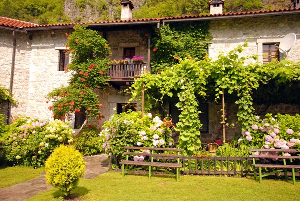 Landhaus mit Blütenblumen in hübschem Hüttengarten. — Stockfoto