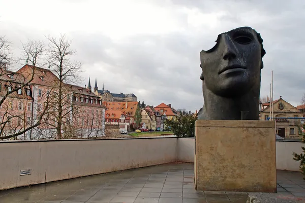 Cityscape with old houses and modern sculpture , Bamberg, German — Stock Photo, Image